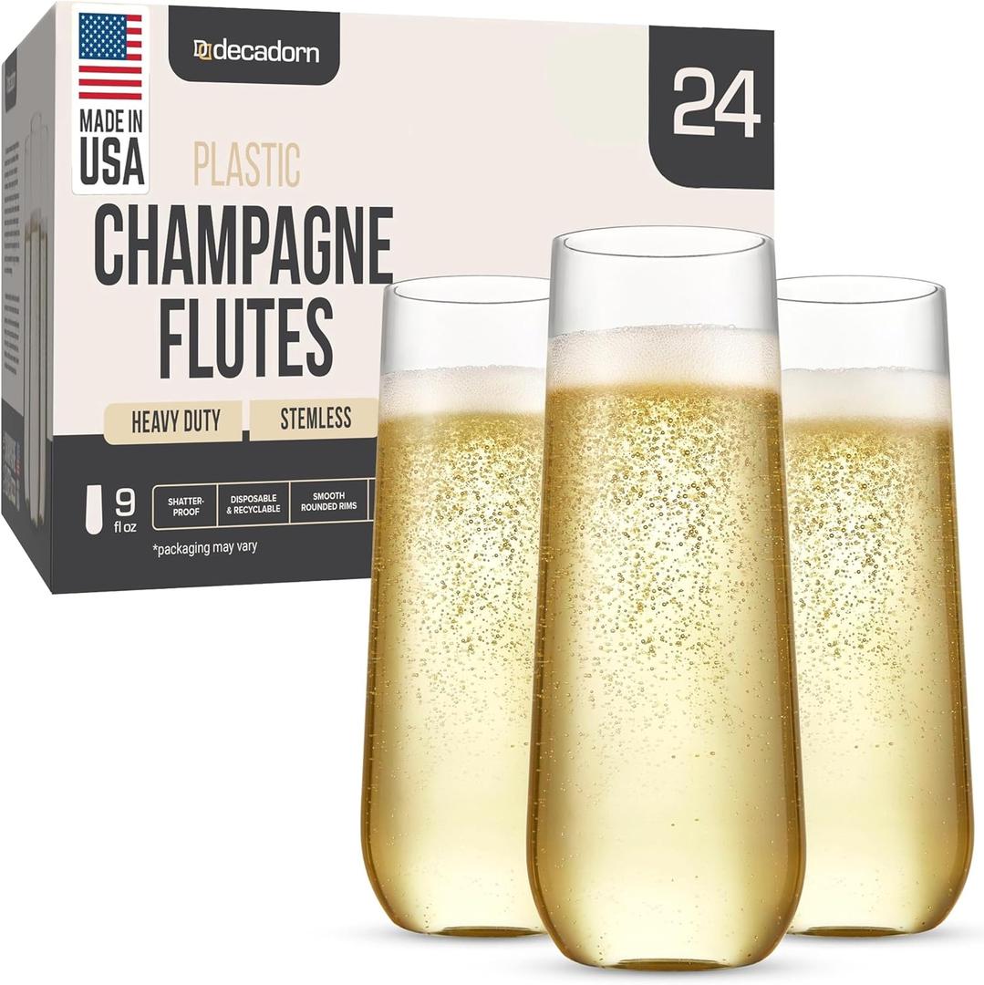 DECADORN Clear Stemless Champagne Flutes Plastic 24 Pack - 9oz Plastic Champagne Glasses - Durable and Sturdy Mimosa Glasses For Parties - Shatterproof, Recyclable, BPA-Free, Smooth Rims.