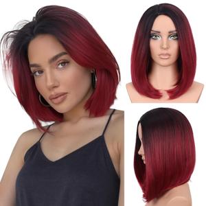 HANNE Red and Black Wig 12 Inches Short Bob Wig Black to Red Wigs Ombre Bob Short Hair Wigs for Women Shoulder Length