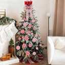 Syhood Christmas Candy Canes Design Tree Topper Red Cap 36 Inch Red Swirl Christmas Tree Skirt Wooden Winter Lollipop Holiday Decoration for Xmas Gifts