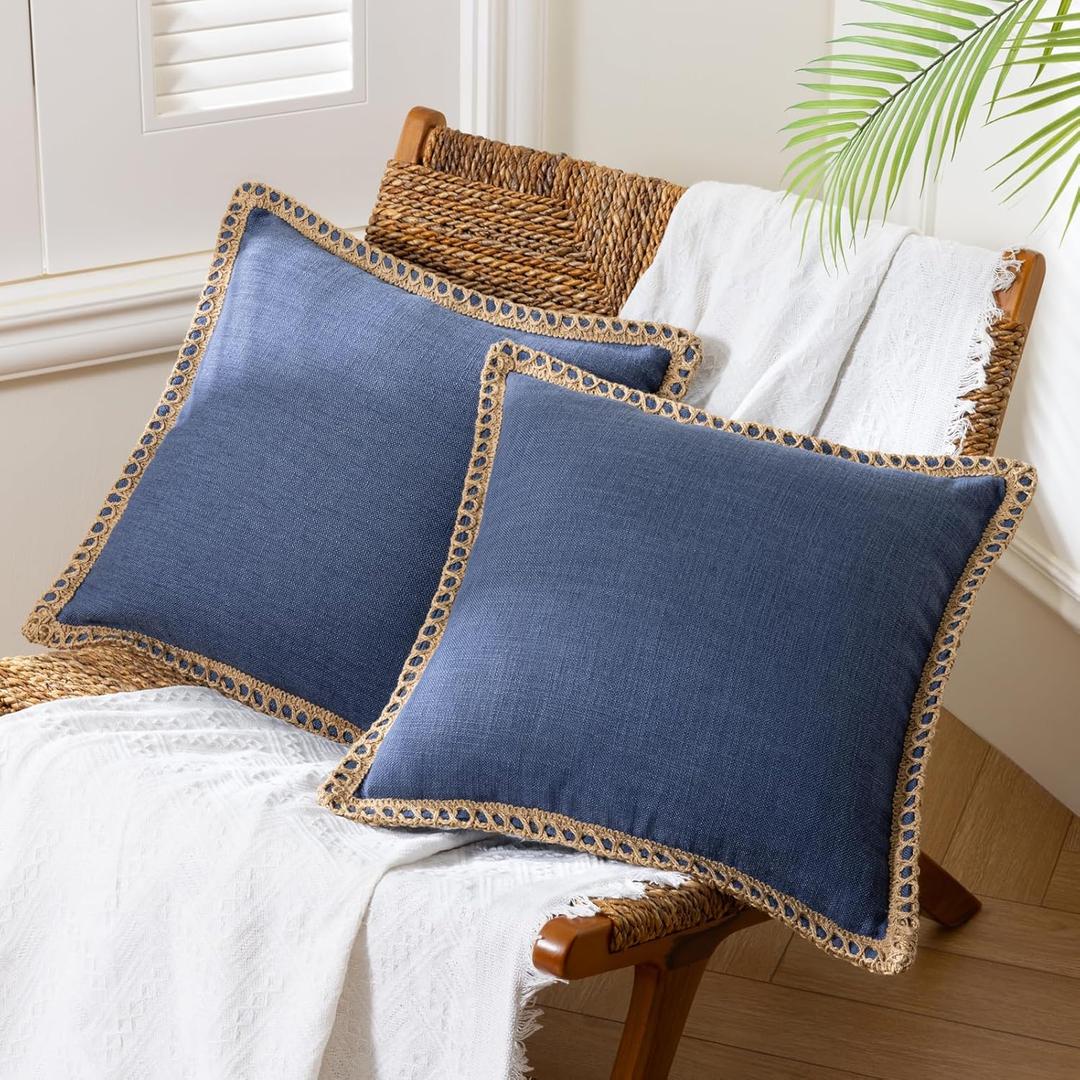 Phantoscope Pack of 2 Farmhouse Decorative Solid Throw Decorative Pillow Cover Burlap Linen Trimmed Tailored Edges Navy Blue 18 x 18 inches, 45 x 45 cm