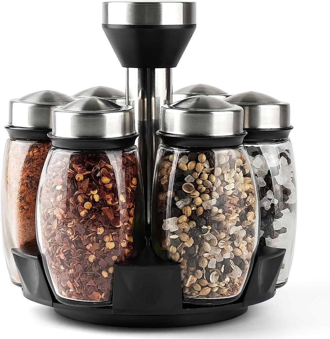 Mlici 6PC Spinning Glass Spice Jars - 360 Rotating Spice Rack Organizer with Jars, Stainless Steel Revolving Seasoning Holder Jars for Countertop Cabinet Kitchen Spices Cruets