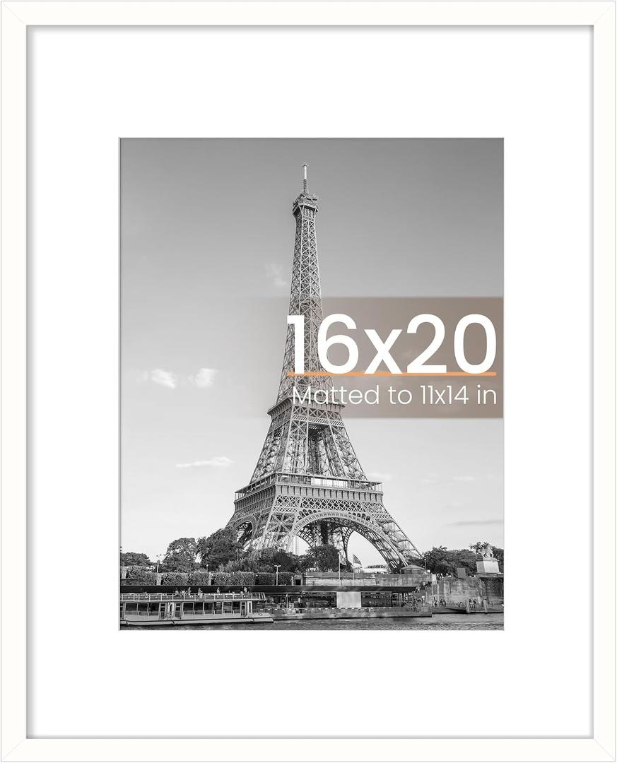 Upsimples 16x20 Picture Frame, Display Pictures 11x14 with Mat or 16 x 20 Without, Wall Hanging Poster Frame, White, 1 Pack