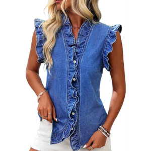 Women's New Summer Chic Button Down Denim Tops Ruffled Flutter Sleeve Blouse V Neck Casual Shirt Tops Size S/M