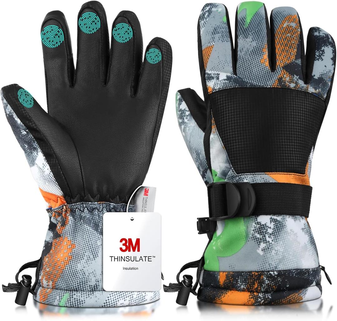 Ski Gloves, Waterproof and Breathable Snow Gloves for Cold Weather, Men & Women Boys and Girls (02 Black orange)