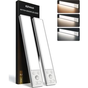 EZVALO 10inch Under Cabinet Lighting, 2500mAh Rechargeable Motion Sensor Lights Indoor with 3 Color Temps, 2 Pack Magnetic Closet Light, 80 LED Dimmable Under Counter Lights for Kitchen, Shelf, Stair (Silver)
