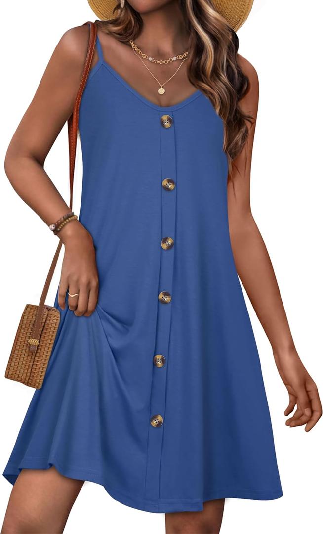 JOELLYUS Summer Dresses for Women Spaghetti Strap Button Down Casual Sundress Beach Cover Up Dress with Pockets 2026 (Blue, XXL)