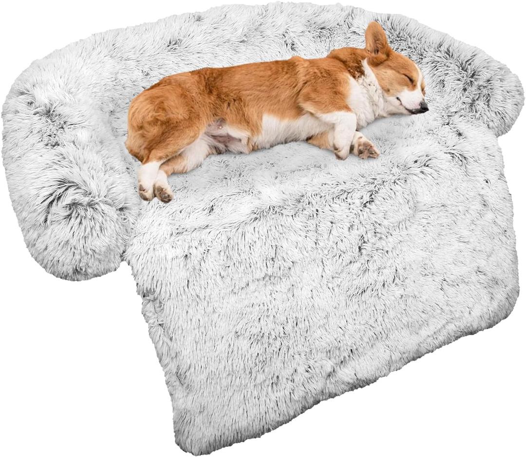 Calming Dog Bed Fluffy Plush Dog Mat for Furniture Protector with Removable Washable Cover for Large Medium Small Dogs and Cats (Medium, Light Grey) (41.0"L x 37.0"W x 6.0"Th)
