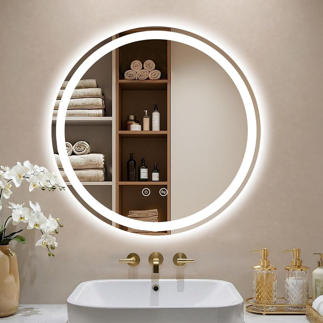 24 Inch Round LED Bathroom Mirror with Lights, Circle Lighted Vanity Mirror