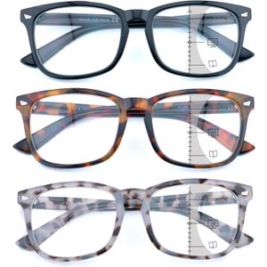 3 Pack Progressive Multifocus Reading Glasses for Women Men Multifocal Readers PC Frame Fixed Hinge Eyewear, +1.25 (3 Pack - Progressive Lens: Black / Brown Tortoiseshell / Pea Color)