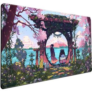 Pink Japan Desk Pad Anime Gaming Green Mouse Pad Large Mouse Pad For Desk Computer Pc Laptop Office Decor For Women, Anime Mouse Keyboard Pad Stitched Edges Non-Slip Rubber Mat Desk Pad (31.5x15.7 In)