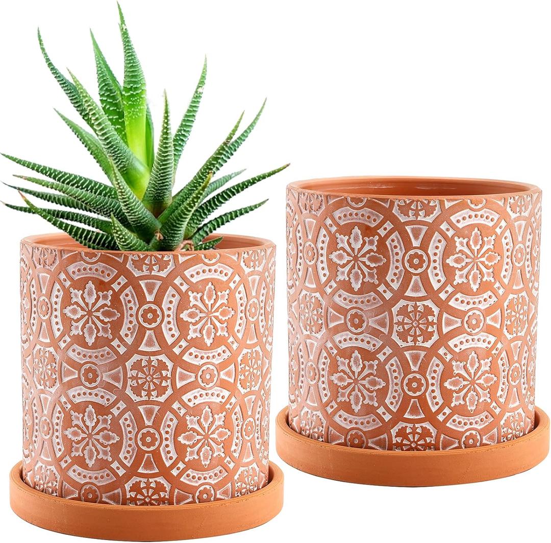 Jucoan 2 Pack Terracotta Plant Pot, 5'' Red Clay Planter Pot with Boho Flower Pattern, Ceramic Cactus Flower Planter Succulent Pot with Drainage Hole and Saucer for Indoor Outdoor Plant