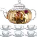 Glass Teapot Set 34 Oz/1000 ml Tea Kettle with Removable Infuser Tea Cups and Saucers Set of 6 Borosilicate Glass Pot for Blooming & Loose Leaf