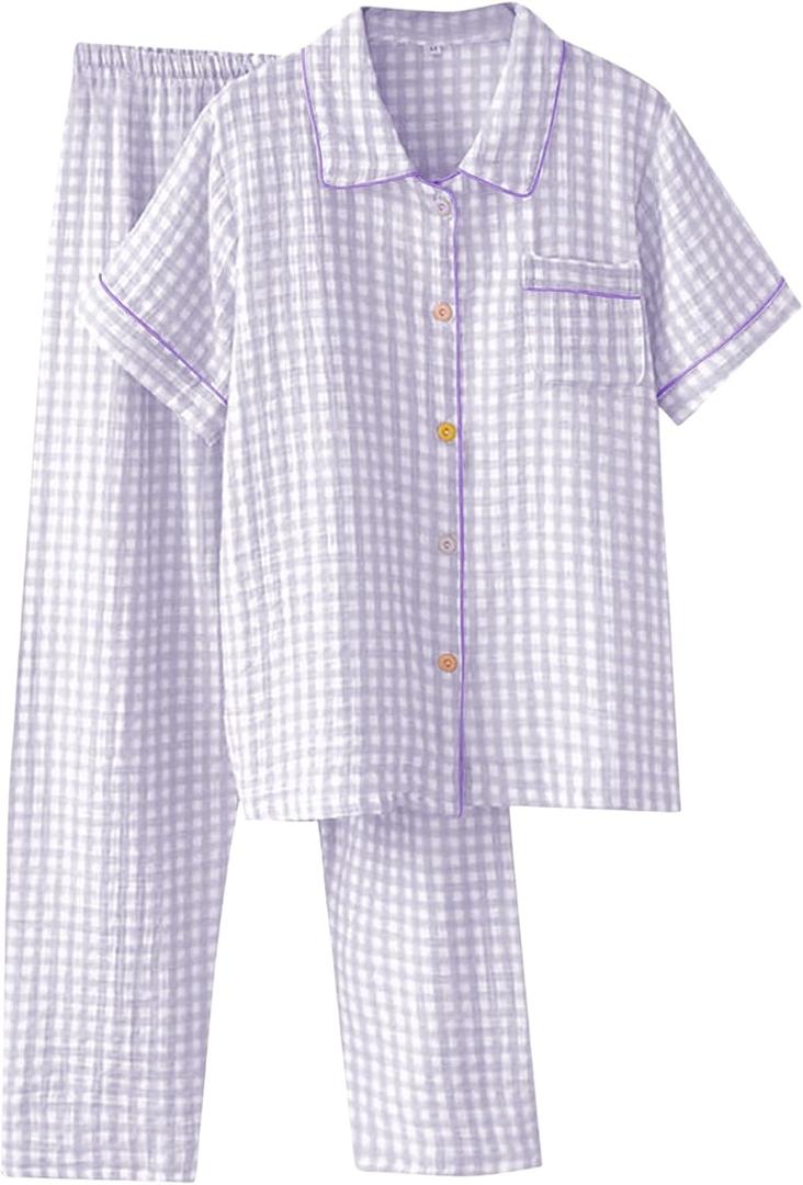 Womens Gingham Pajama Set Cotton Cute Pj Set Color Block Shirts 2 Piece Bridal Sleepwear Plaid Lounge Set (Purple, XXL)