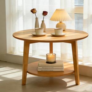 2-Tier Round Coffee Table Wood Nesting Side Table (Oak, 28x28x18)