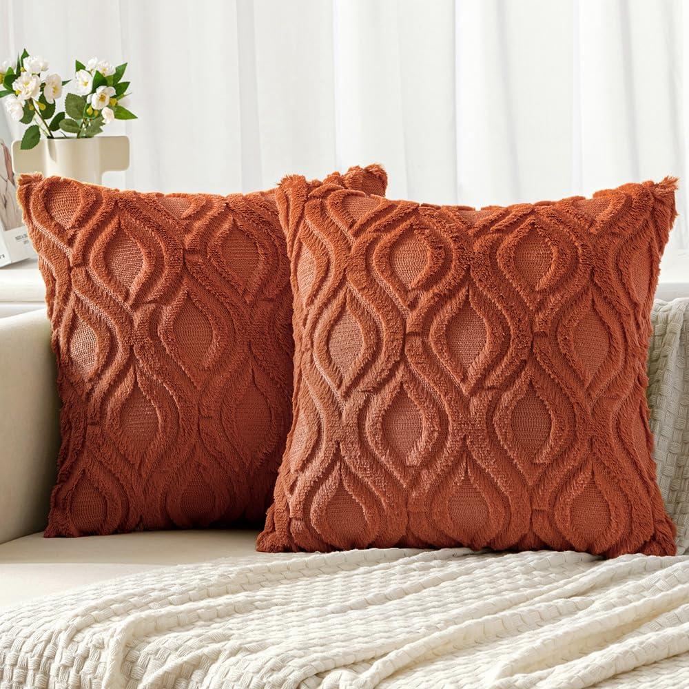 MIULEE Rust Throw Pillow Covers 16x16 Inch, Soft Winter Plush Faux Wool Couch Pillow Covers Set of 2 Decorative Farmhouse Boho Throw Pillows for Sofa Living Room Bed