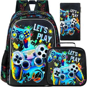 UFNDC 3PCS Boys Backpack,16Kids Dinosaur Bookbag with Lunch Box, School Bag for Elementary Toddler (New Uv Printing Boys Game Backpack)