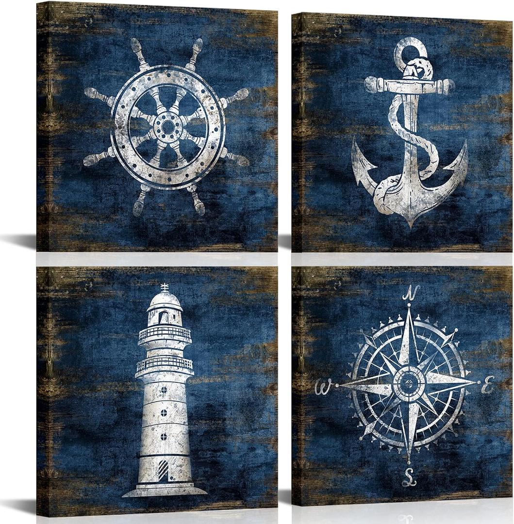 KLVOS Nautical Canvas Wall Art Navy Blue Boat Anchor Paintings Helm Drawing Compass Lighthouse Rustic Style Beach Home Decor Ready to Hang for Bathroom Living Room 12x12 Inchx4 Panels, 12x12inchx4pcs