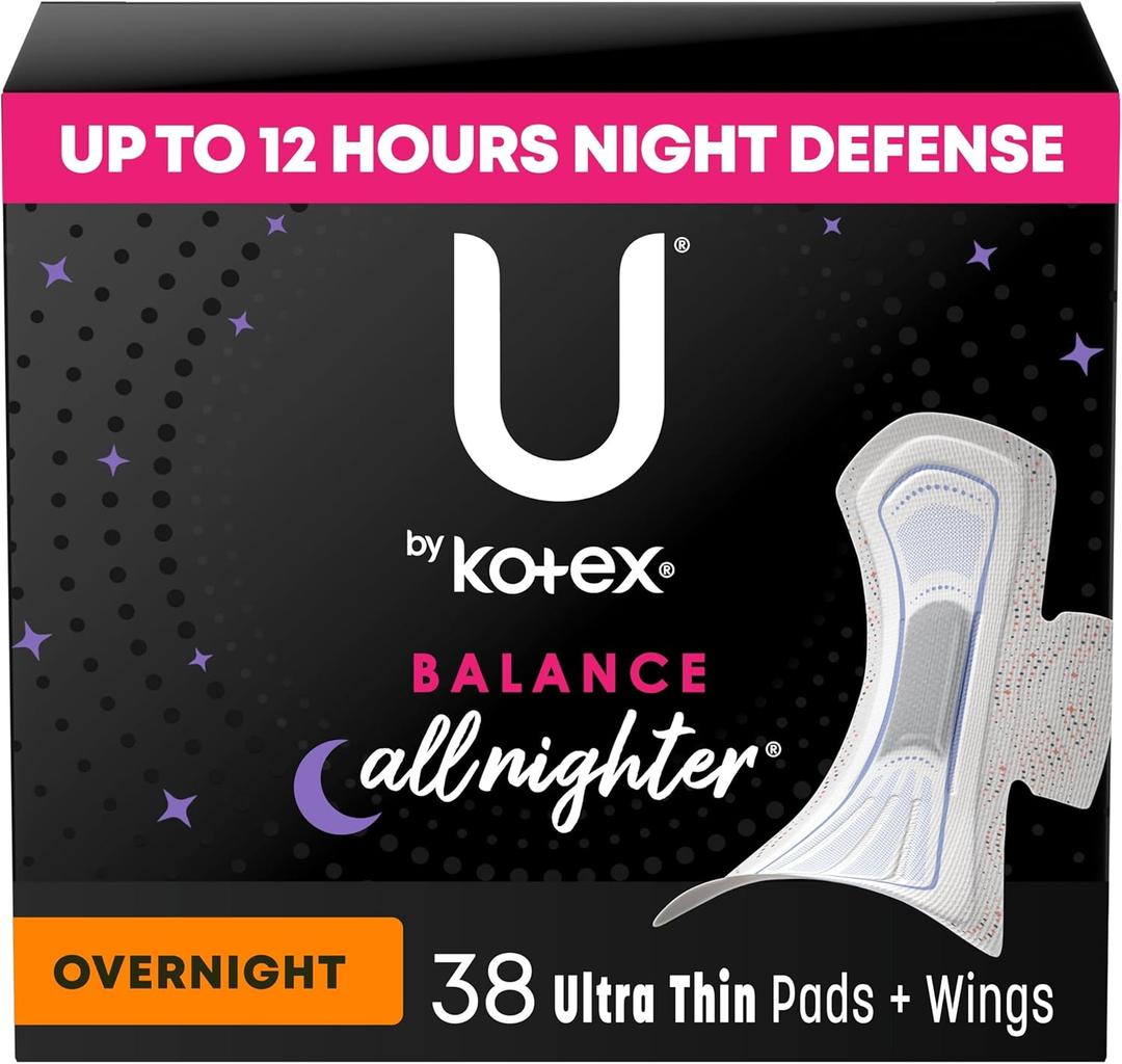 U by Kotex Balance Ultra Thin Pads with Wings, Overnight Absorbency, 38 Count