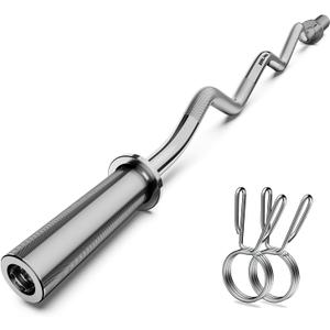 Olympic EZ Curl Barbell Bar, 47" Curl Bar for Weight Lifting, Home Gym Weight Bar- Strength Training,Squat,Hip Thrusts,Biceps, Chrome Curling for 2 Inch Plates -2 Spring Collars (Silver)