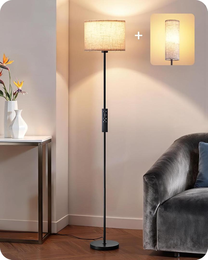 EDISHINE Floor Lamps with 2 Lampshades, 63.7" Modern Standing Lamp with Foot Switch and Remote Control, Stepless Dimmable Minimalist Lamps for Bedroom, Office, (9W LED Bulb Included), Black
