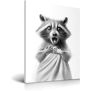 HesenDot Raccoon in Towel Framed Wall Art,12x16in Funny Animal Bathroom Canvas Print, Black and White Raccoon Poster,Cute Racoon Picture Wall Decor for Bathroom Kid Room Bedroom Nursery Home, 1 Pack