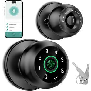 Fingerprint Door LockFingerprint and Keypad Input Smart Door knob, App Controlled Biometric Door Lock, Keyless Entry, Bedroom, Office, Hotel, Apartment Auto Door knob (Black)