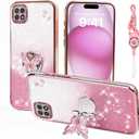 for Samsung Galaxy A22 5G (Not Fit A22 4G) Phone Case,for Mobile Phone Case for Women and Girl, Glitter Butterfly Floral TPU Protective Cover with Kickstand+Strap for Samsung A22 5G (Pink)