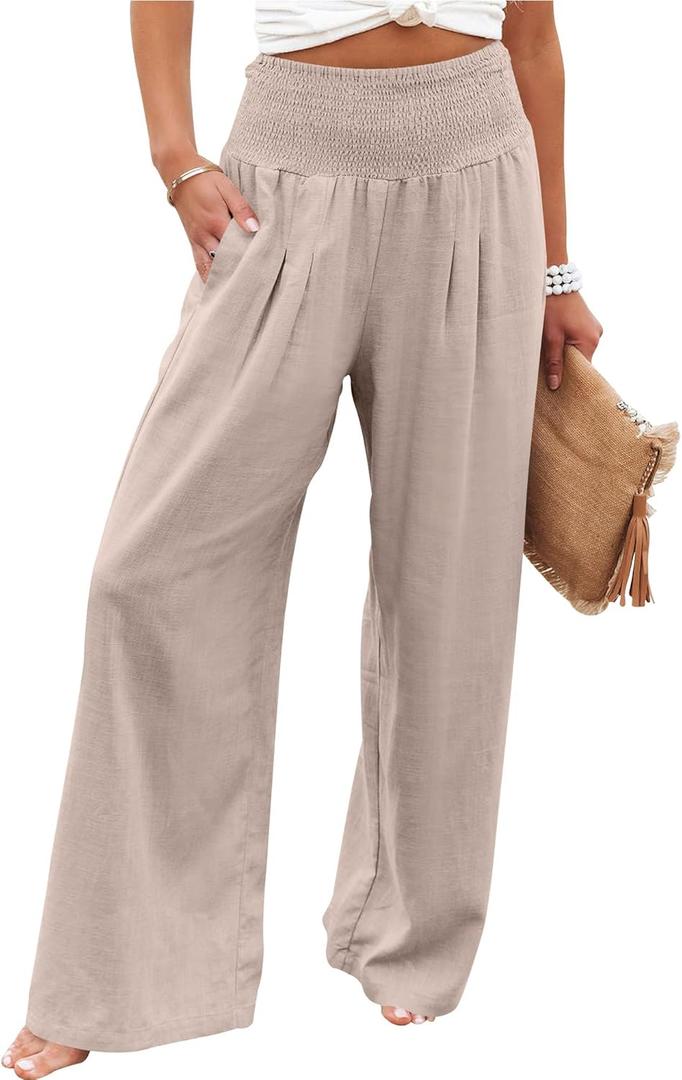 ANRABESS Women Linen Palazzo Pants Summer Boho Wide Leg High Waist Casual Lounge Pant 2026 Beach Travel Vacation Outfits (Small, Beige)