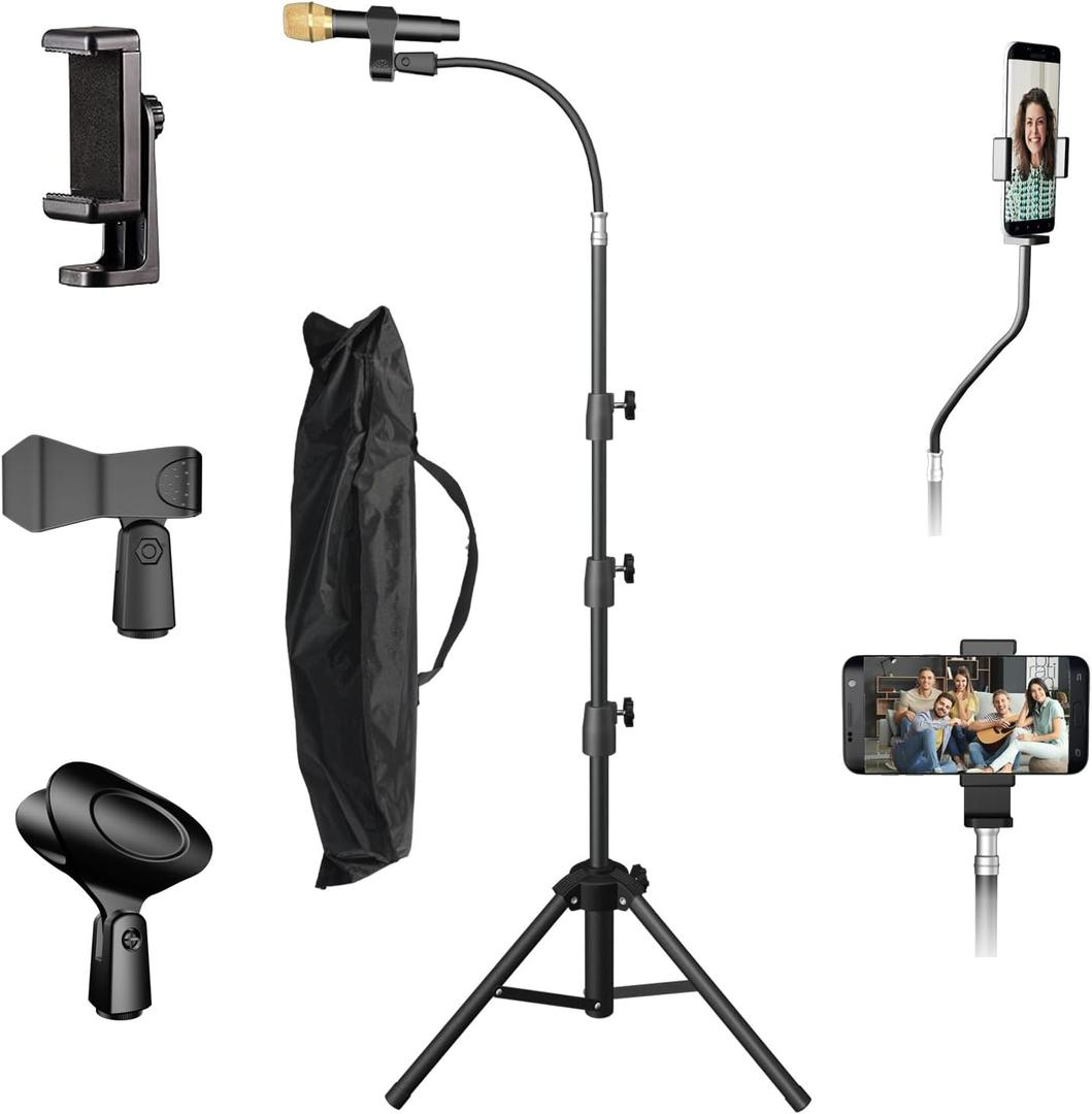 KEREAL Microphone Stand For singing For Most Mic, Gooseneck Mic Stand Adjustable Height From 21 to 75, Portable Mic Floor Stand with Phone holder,Two Mic Clips for Studio, Stage, Karaoke, DJ, Kids