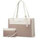 LOVEVOOK Laptop Tote Bag for Women 15.6 Inch Stylish Leather Work Tote Bag Purse Large Capacity And Waterproof Computer Briefcase for Business Office Travel, Khaki Beige