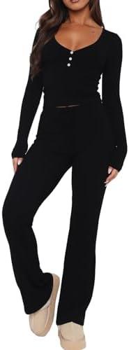 REVETRO Lounge Sets For Women Sexy V Neck Pajama Set Long Sleeve Shirts 2 Piece PJ Set Y2k Workout Sets For GYM Small
