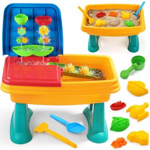Kids Sand and Water Table, 2 in 1 Toddler Activity Table with Water Wheel & Sand Tools, Outdoor Indoor Sensory Play Sandbox Table for Toddlers, Summer Beach Water Toys for Boys Girls Age 3+