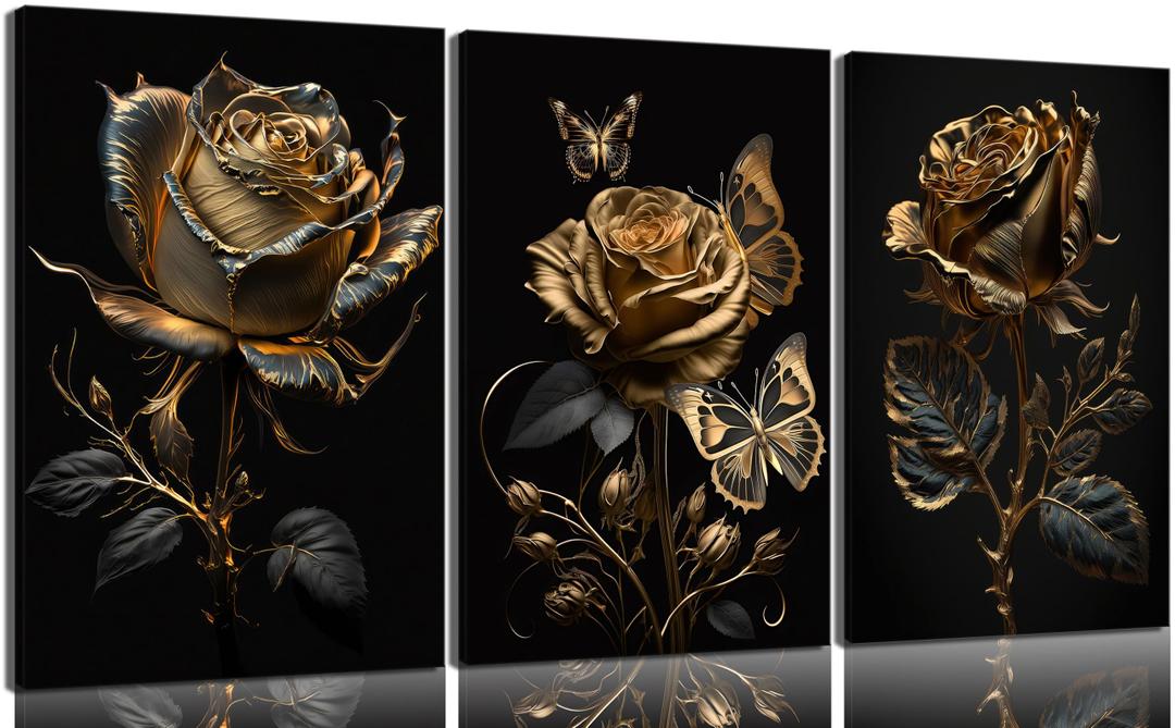 3pcs Black And Gold Rose Wall Art Abstract Plant Flowers Posters Prints Modern Floral Pictures Black Rose And Gold Leaf Canvas Wall Decor for Living Room Bedroom Bathroom Office Decoration Painting