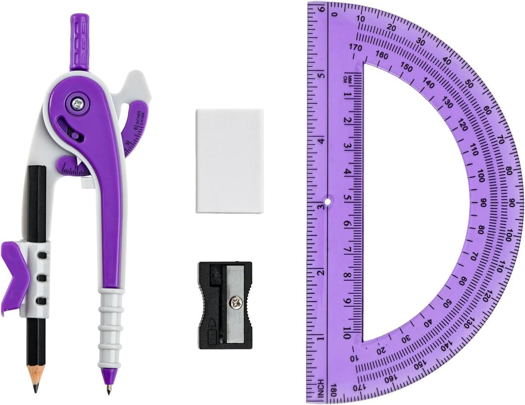 4 x Unjoo Compass for Geometry Set, 6 Inch Protractor, Clear Plastic (Purple)