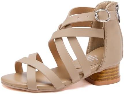 BMCiTYBM Girls Sandals Low Heels Flower Wedding Shoes Dress Pump Ankle Strap Open Toe Toddler Little Big Kids (Camel)