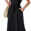 LYANER Women's Ruched Crew Neck Petal Sleeve A Line Drawstring Vacation Knee Length Dress (Black, XL)