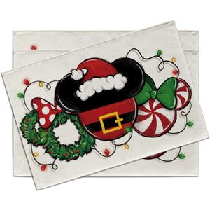 Christmas Santa Placemats Set of 4, Xmas Wreath Peppermint Candy Dining Place Mats Table Decor, Winter Funny Holiday Home Kitchen Decoration 12 x 18 Inch