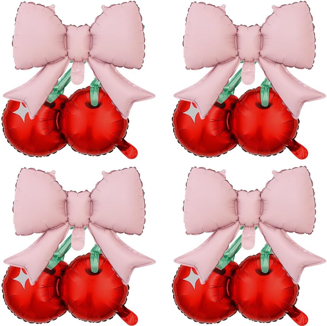 8Pcs Cherry Pink Bow Balloons for Baby Shower Decorations Girls Cherry First 2nd Birthday Party Decorations