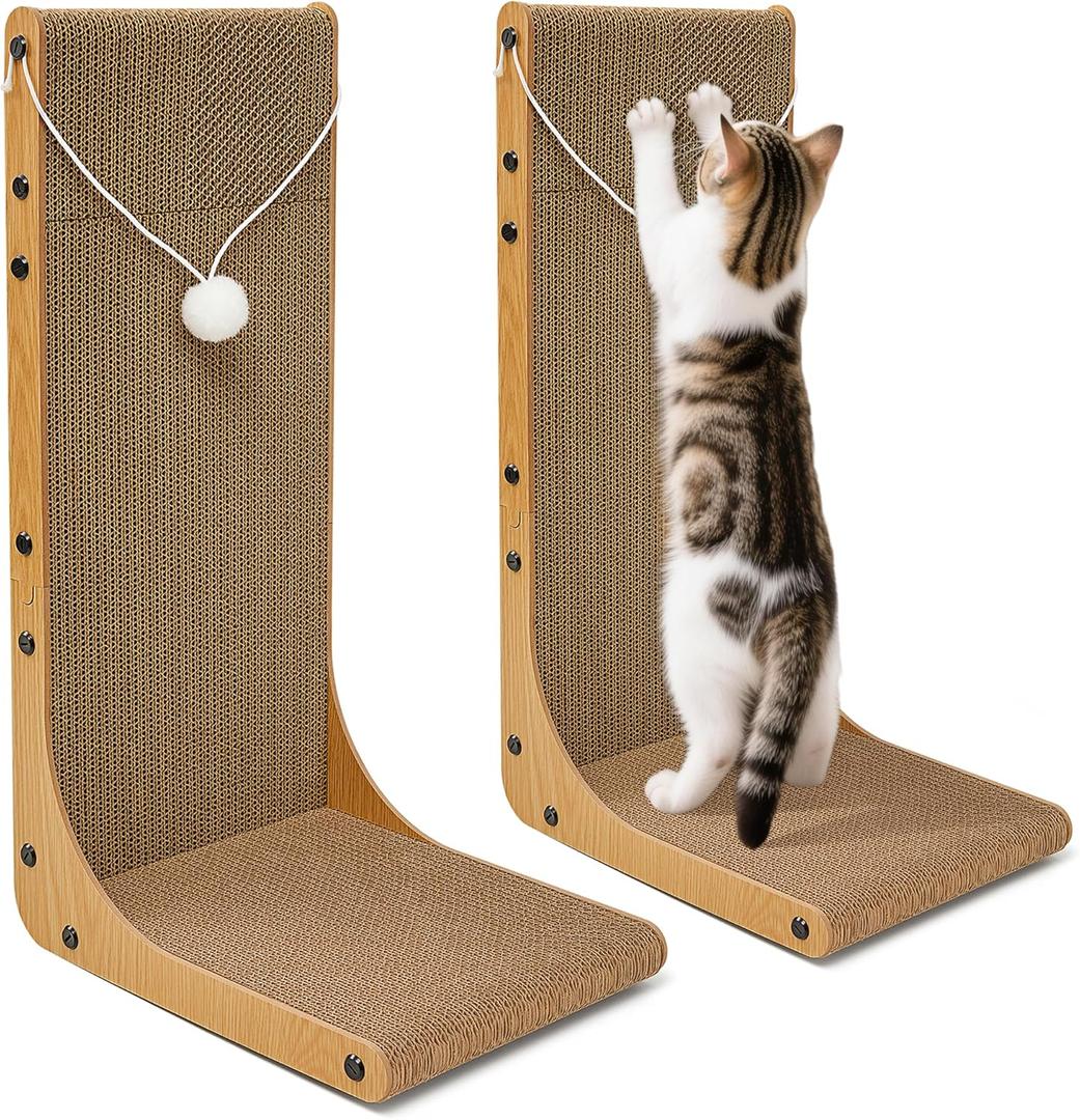 Value 2-Pack 23.6 Inch L-Shaped Cardboard Cat Scratcher, Dual Use (Vert/Horiz) Scratch Pad with Toy Balls, Wall-Mountable Furniture Protector Cat Scratchers for Indoor Cats, Couch & Wall