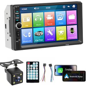 Ablink Double Din Car Stereo Touch Screen with Carplay Android Auto,7" HD Capacitive Car Radio with Mirror Link,Backup Camera,Steering Wheel Control,FM,EQ,USB/AUX Car Multimedia Player (7018B)