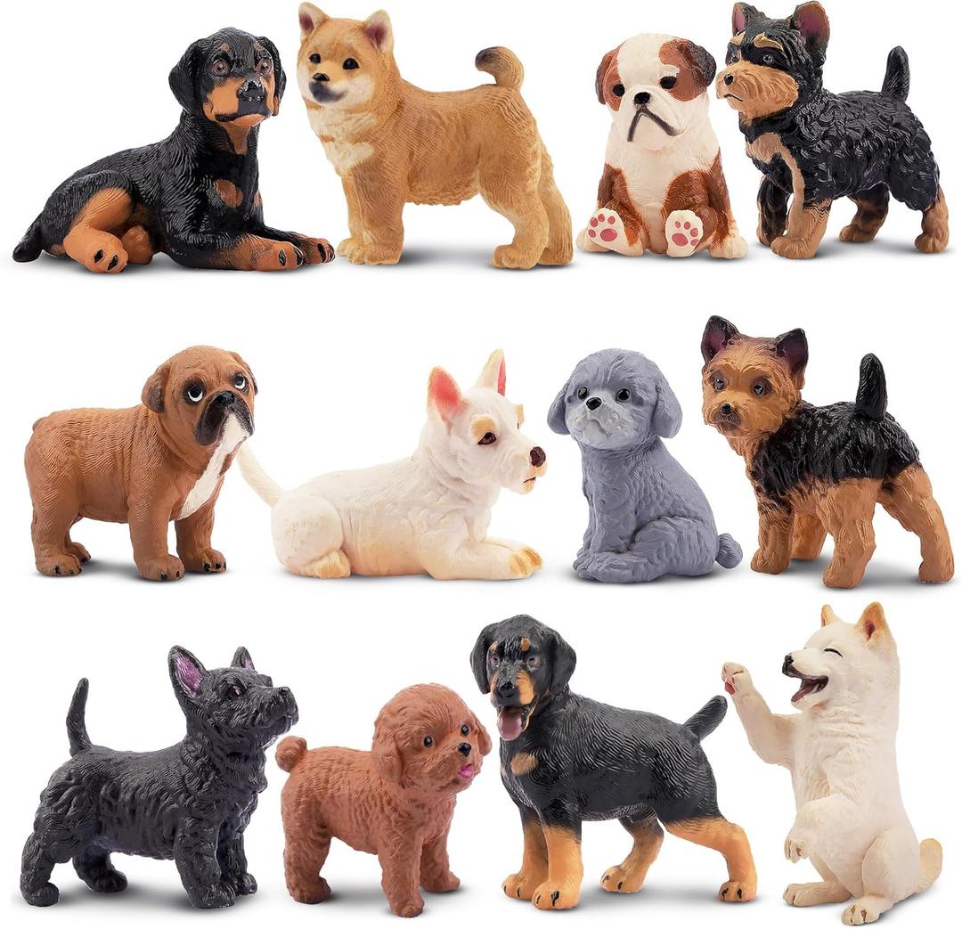 12PCS Dog Figurines, Realistic Plastic Puppy Figurines, Hand Painted Emulational Tiny Dogs Animals Toy, Dog Cake Topper Easter Egg Birthday Gift for Kids and Toddlers