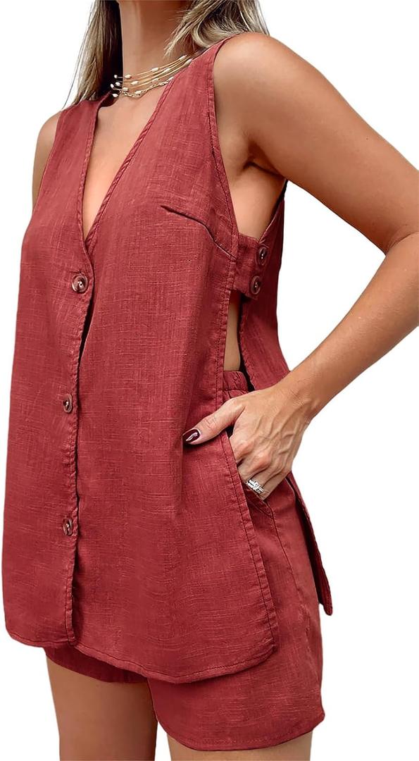 Tankaneo Womens Summer Two Piece Outfits Casual Shorts Set Sleeveless V Neck Button Down Tank Tops and Shorts Tracksuit, Medium, Red