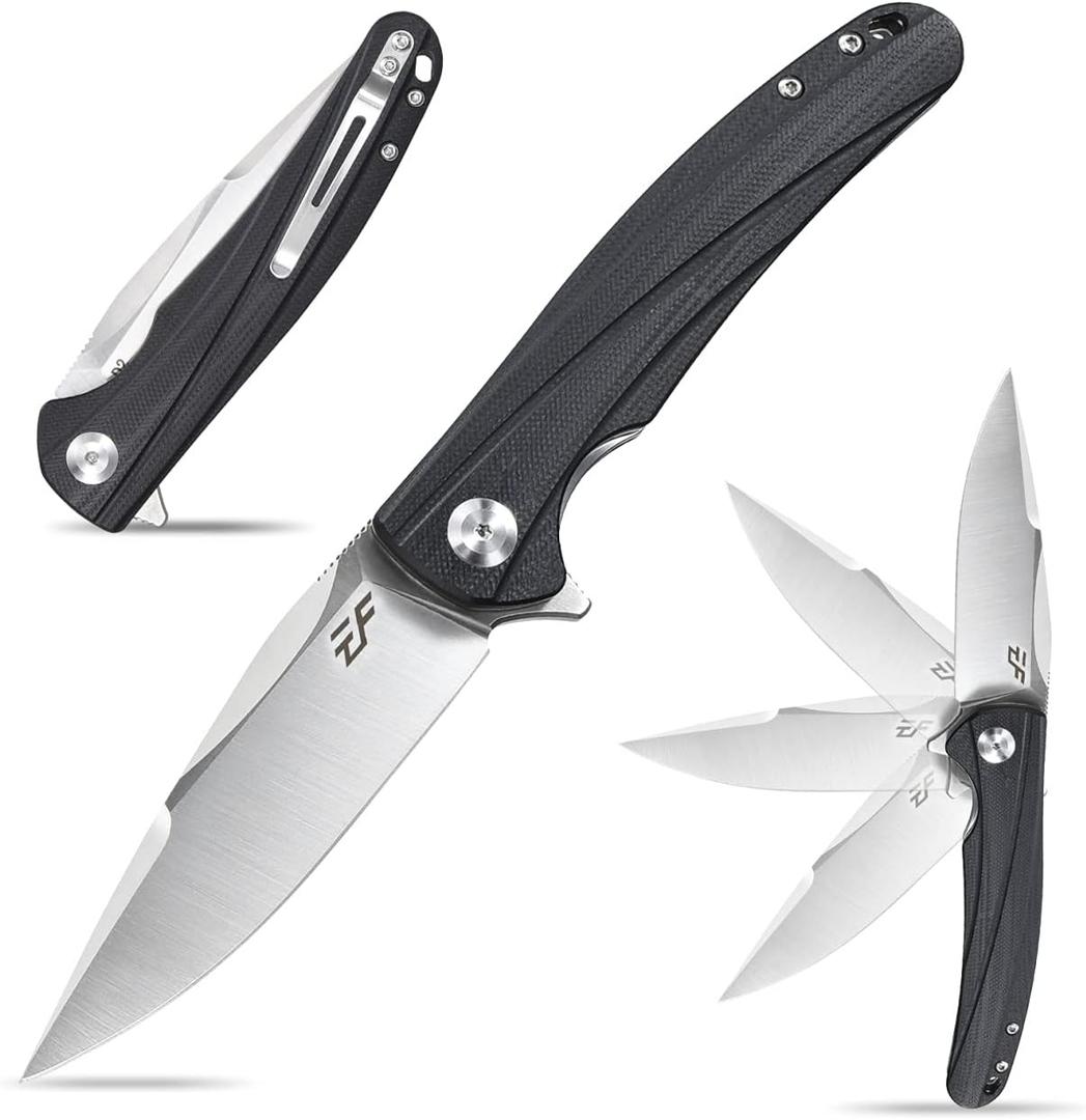 Eafengrow EF957 Folding Knife D2 Steel Blade G10 Handle with Pocket Clip Reliable Locking Mechanism EDC Flipper Knife for Camping Hiking(Black)