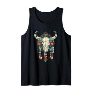 Cow Bull Skull Native American Feathers Tank Top Woman's L