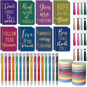 PerKoop 64 Pcs Inspirational Gifts Bulk 16 Motivational Notebooks Journal 16 Ballpoint Pens 16 Wristbands 16 Keychains for Teacher Office Women Employee Party Favor(Classic)