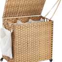Laundry Hamper with Wheels, 39.6 Gallon(150L) Rolling Laundry Basket with Lid, 3-Section Rattan Clothes Hamper with 3 Removable Liner & 3 Mesh Bags, Laundry Sorter with Side Pocket, Natural