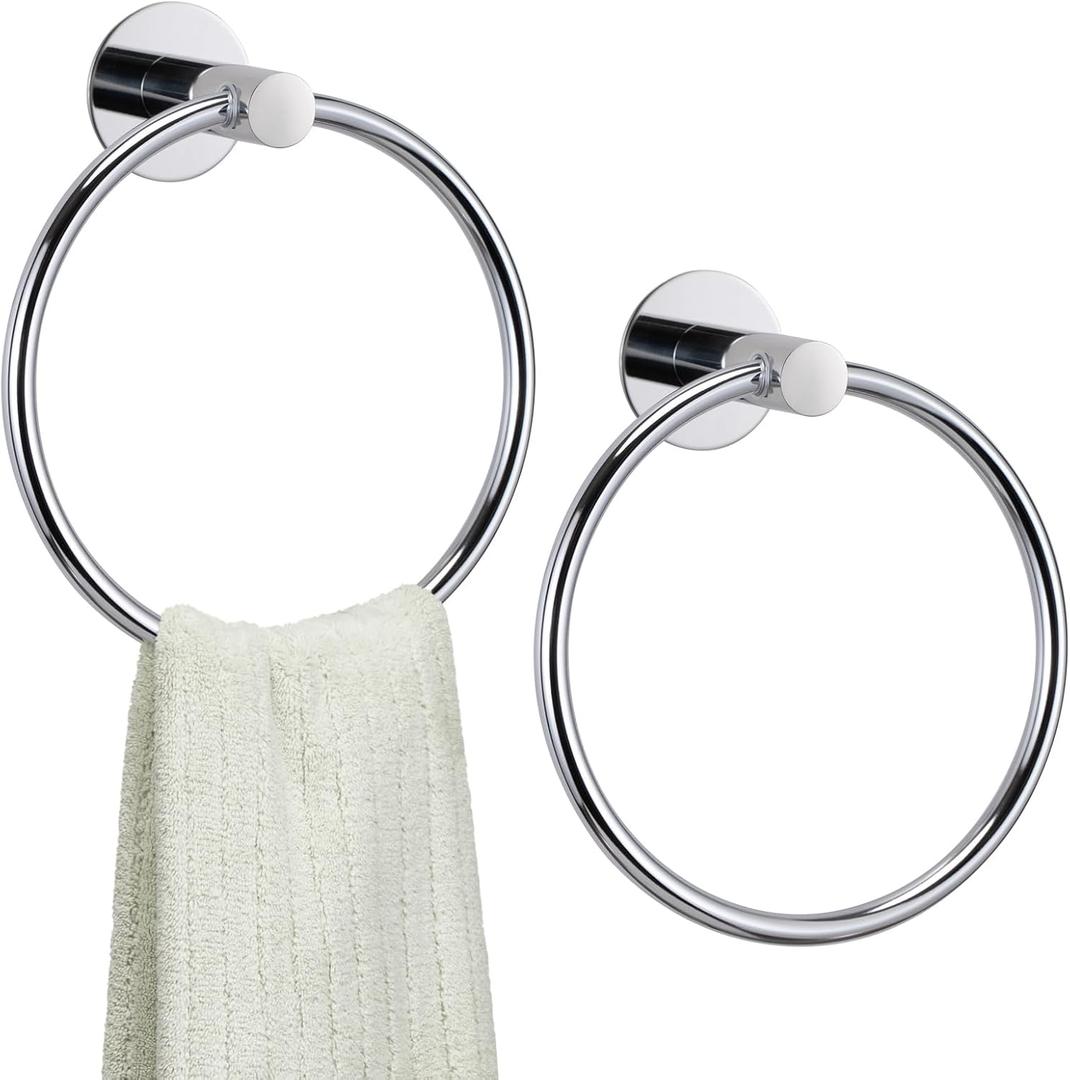 Towel Ring for Bathroom Self Adhesive Stainless Steel Wall Mounted Hand Towel Holder No Drilling Towel Hanger for Kitchen 2 Pack (Silver)