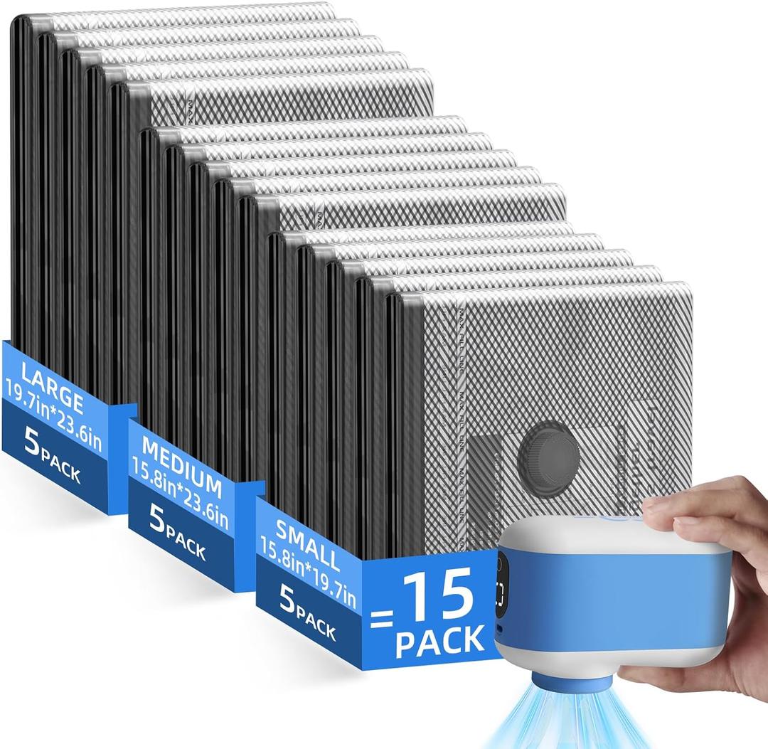 Vacuum Storage Bags with -60000Pa USB Pump,15 Pack Vacuum Seal Bags for Clothing Travel in 3 Sizes,Compression Packing Cubes Organizer Storage for Packing,Luggage and Seasonal (15 Combo)