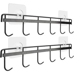 YiZhi Adhesive Wall Hooks Rack Kitchen Rail, Space Saving Utensil Holder No Drilling Wall Mounted Accessory Hanger with 6 Hooks for Kitchen Bathroom Bedroom Pack of 2 (Black)