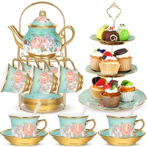 21 Pcs Ceramic Teapot Set Vintage Porcelain Tea Cups with Metal Holder and High Tier Cupcake Stand Saucers for Women Girls Farmhouse European Weddings Party Decor Gifts(Green,Summer)
